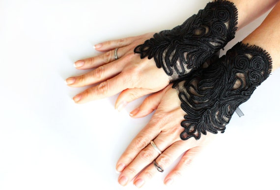 Fingerlose Spitzen Netzhandschuhe Schwarz Damen-Handschuhe Burlesque Armstulpen 