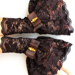 Brown victorian lace cuff bracelet, corset arm warmers laced up, Gloves Gothic, ruffled lace steampunk gloves, pirate dark rococo gloves image 7