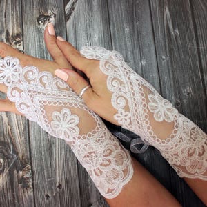 Ivory lace gloves wedding, bridal white gloves fingerless lace gloves, bridal accessories, french lace image 1