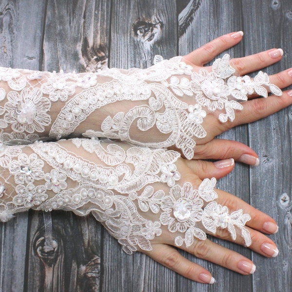 White Lace Wedding Gloves Shiny Beaded, Top Sellers, Lace mittens, French Lace Long Gloves, Gothic Lace Gloves, Bridal Wedding