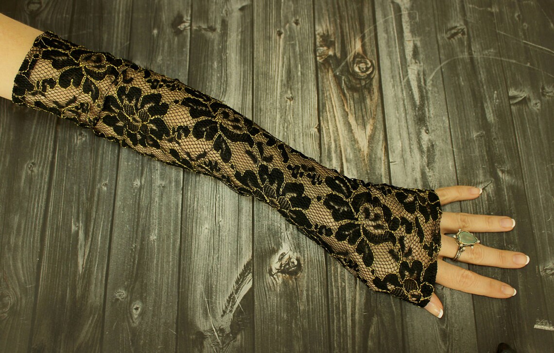 Long Black Gold Lace Gloves Opera Gloves Belly Dance Costume Etsy