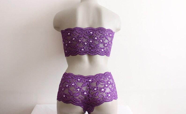 strapless bow bra purple lace underwear set shiny underwear lace top Purple lace wedding lingerie set