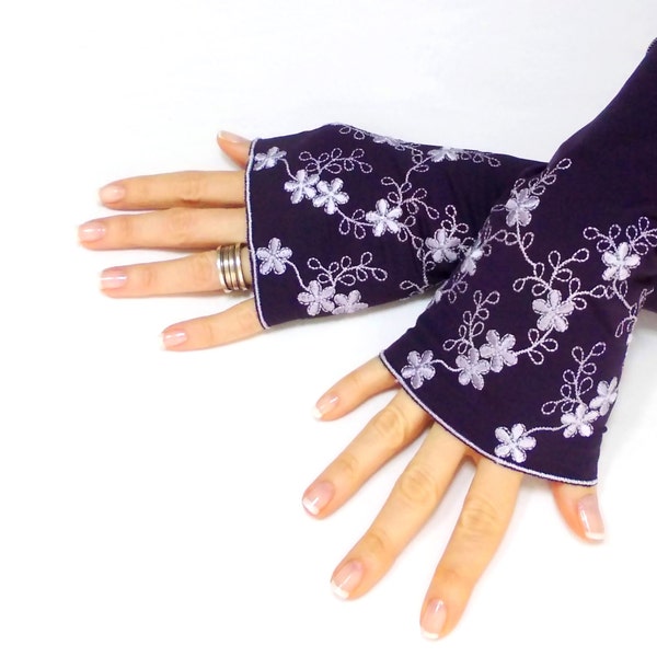 Purple fingerless gloves, mmbroidered jersey mittens, prom dress gloves, gypsy yoga boho, formal gloves, belly dance, Plus size gloves
