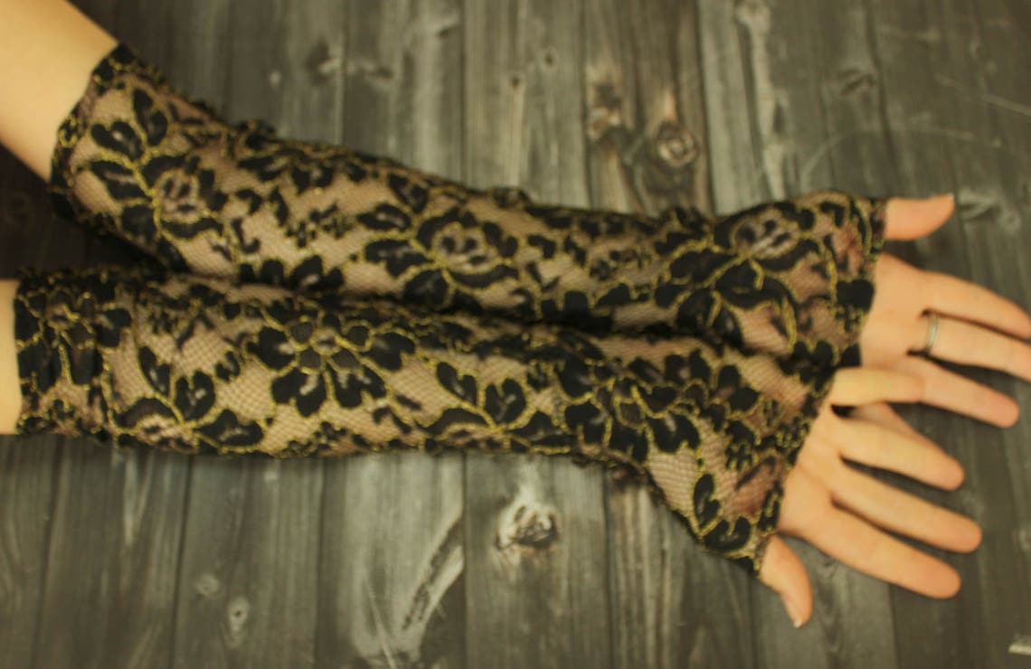 Long Black Gold Lace Gloves Opera Gloves Belly Dance Costume Etsy