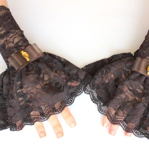 Brown victorian lace cuff bracelet, corset arm warmers laced up, Gloves Gothic, ruffled lace steampunk gloves, pirate dark rococo gloves image 6