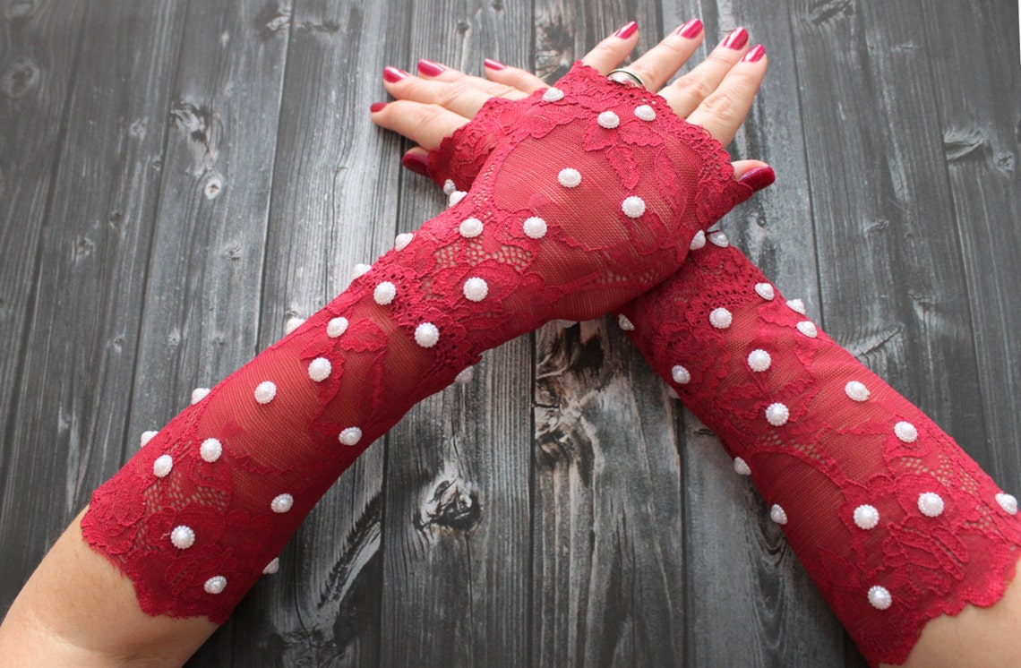 Long Red Lace Gloves, Long Burgundy Lace Wedding Gloves, Opera Gloves