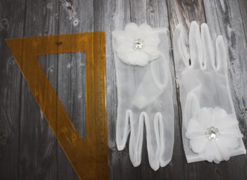 May include: A pair of white sheer gloves with a white flower embellishment on each glove. The flowers have a rhinestone center.