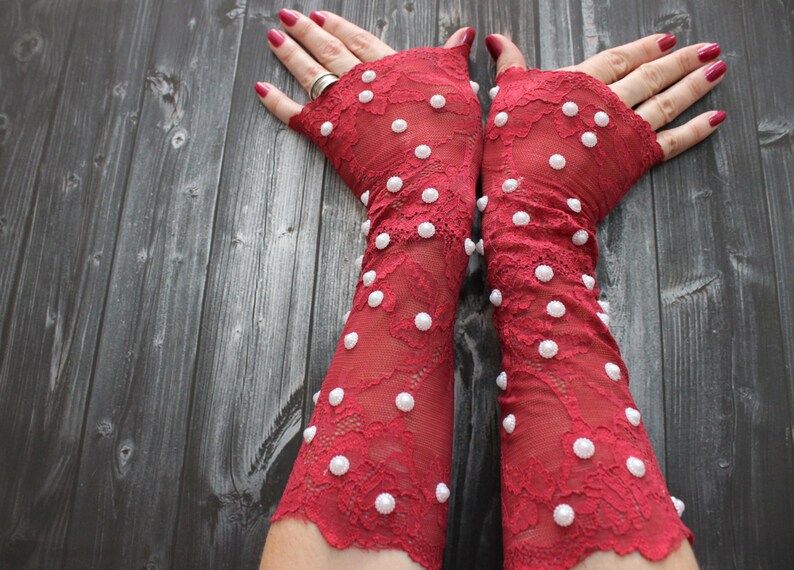 Gants Sans Doigts En Dentelle Longueur Coude - Gants Floraux Pour Femme, Mariage, Fête, Opéra - Blanc/Noir/Rouge