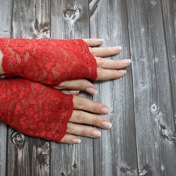 Red lace short gloves, burgundy short gloves, Gothic Dark Tribal Costume Dance Cuffs, Gothic Claret gloves, Dark Bohemian Garnet