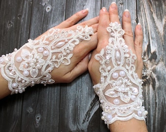 Perlen Hochzeitshandschuhe, Spitze Perlen, Französisch Spitze weiße Handschuhe, fingerlose Handschuhe, hochwertiger Spitze, minimale Spitzenhandschuhe