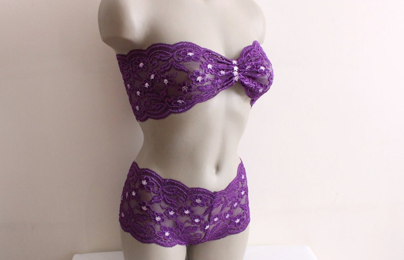 strapless bow bra purple lace underwear set shiny underwear lace top Purple lace wedding lingerie set
