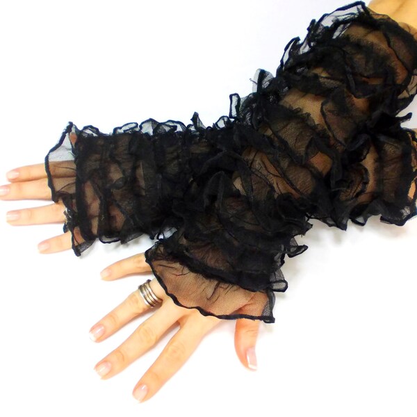Lucidor // Free shipping, Black Tulle Frilly Mittens Steampunk Gloves, Gothic Dark Tribal Costume Dance Cuffs, vamp accessories