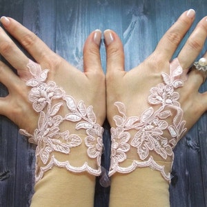 May include: A pair of nude-colored fingerless gloves with delicate pink lace detailing. The lace features floral patterns and a scalloped edge.