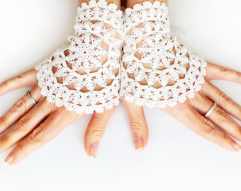 Gants de mariée mariage avec ruban d’organza, boho mariée gants au crochet mitaines bracelet en crochet blanc, Gants Mitaines en dentelle manchette mitaines