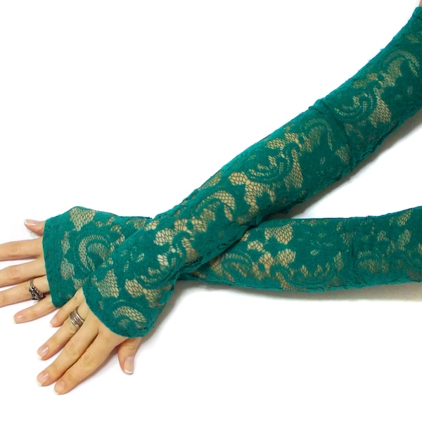 Extra long lace green gloves, belly dance costume gloves, lace fingerless gloves, fantasy party gloves, boho bride, green wedding, gift her