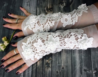 White lace wedding gloves, Wedding Accessories, French lace fingerless gloves, Bridal accessories, Wedding gift, Bridal lace gloves, Gift