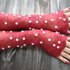 Long Burgundy Lace Cuff, Burgundy Lace Wedding Gloves, Opera Gloves, Fingerless Gloves, Boho Bride, Church Gloves, Festival Accessories