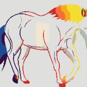 May include: A white horse with a rainbow mane and tail. The horse is standing on a light gray background.