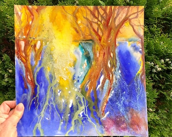 Abstract Woodlands Painting: Sunny Blue Watercolour, Acrylic Inks, Pastel Sticks (30cmx30cm)