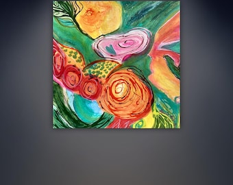Original Painting Colourful mixed media Floral Abstract, called The Messenger 12"x12" Signed