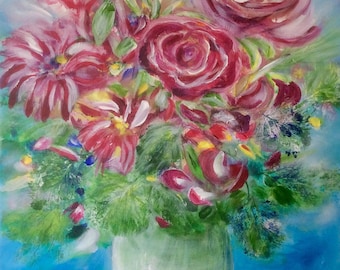 Original floral canvas painting Wall Art Home decor  andinks painting canvas Painting,Unique and Vibrant. Signed by UK artist.