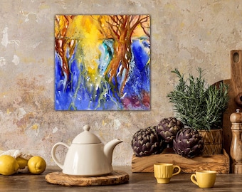 Wall art wall decor landscape painting Sunny Blue Woodlands Original painting 30cmx30cm Unframed. Signed by UK artist AngelaHaigHarrison