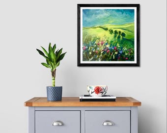Landscape print Cotswolds Village from original artwork 30 x 30 cm square