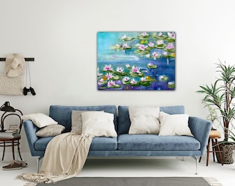 Original canvas painting wall art wall decor painting water Lilies on canvas 23 1/2”X 15 1/2”inches signed by Uk Artist AngelaHaigHarrison