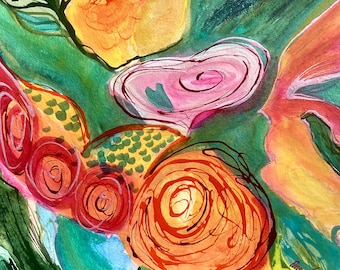 Original Painting Colourful mixed media Floral Abstract, called The Messenger 12"x12" Signed
