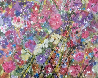 Original canvas painting wall art wall decor flowers large Mixed Media called Nature’s Kisses, signed by UK Artist Angela Haig-Harrison.