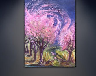 Original painting landscape trees, Pink Blossom 16”X 20”inches canvas acrylics and Inks.signed