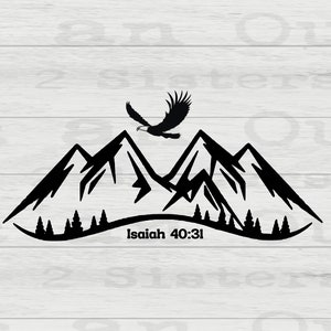 May include: Black and white silhouette of mountains with a soaring eagle above them. The text "Isaiah 40:31" is below the mountains.