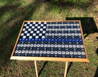 Beer Bottle Cap Art - "Thin Blue Line" American Flag - Stained Background - Highly Reviewed - Smooth Hard Surface