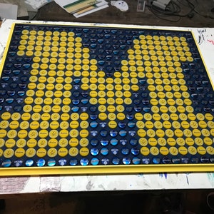 Bottle Cap Art - Michigan Wolverines Block &quot;M&quot; Logo - Table Top Epoxy - Highly Reviewed!!!