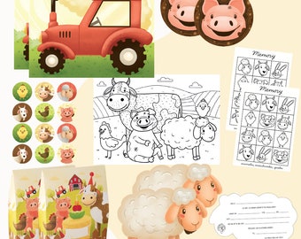 Party set for 2 children for a farm birthday - invitations & party bags, table decorations