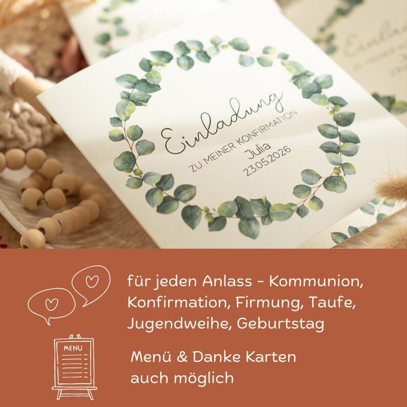 Tarjeta de invitación para Confirmación, Comunión, Bautismo - Hojas de Eucalipto - Invitación de Comunión, Invitación de Confirmación, Invitación de Bautismo imagen 6