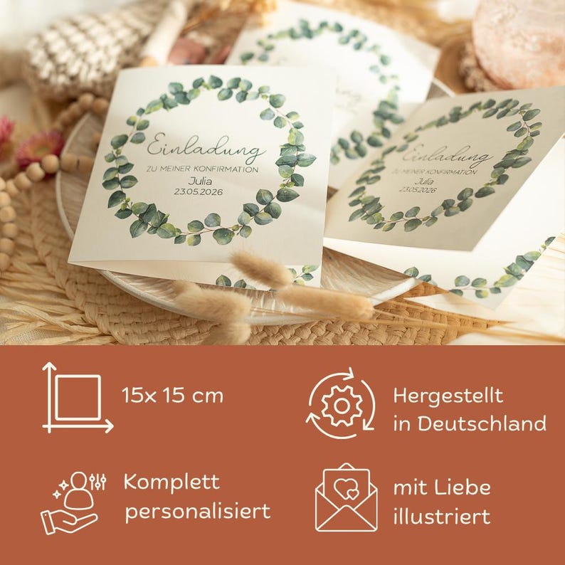 Tarjeta de invitación para Confirmación, Comunión, Bautismo - Hojas de Eucalipto - Invitación de Comunión, Invitación de Confirmación, Invitación de Bautismo imagen 9