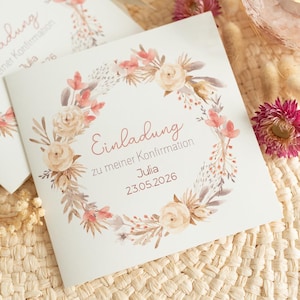 Personalisierte Einladungskarte zur Konfirmation, Kommunion & Taufe - Trockenblumen Liebe