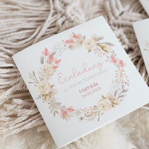 Personalisierte Einladungskarte zur Konfirmation, Kommunion & Taufe - Trockenblumen Liebe