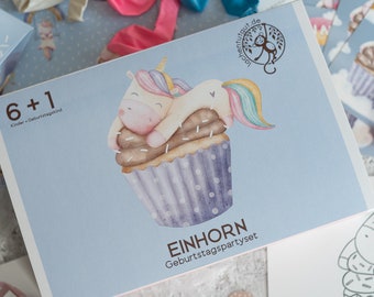 Baby Einhorn Geburtstag Deko - Mottoparty Box  zum Kindergeburtstag -  für Mädchen - Einladungen, Mitgebsel und Deko