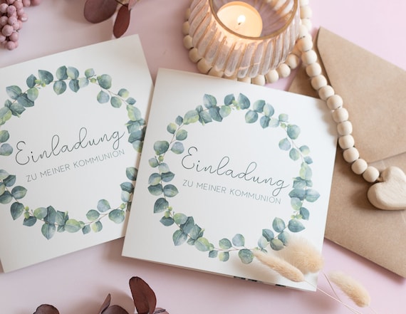 Einladungskarte Konfirmation, Kommunion,  Taufe  Eukalyptus Leaves - Kommunion Einladung, Konfirmation Einladung, Taufe Einladung