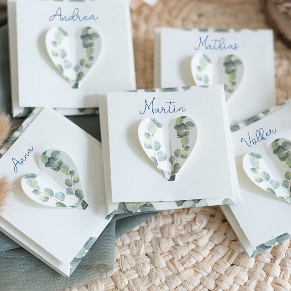 Faveurs de mariage de graines de fleurs - marque-places pour écrire, motif d'eucalyptus, cadeau pour les invités de mariage, décoration de table