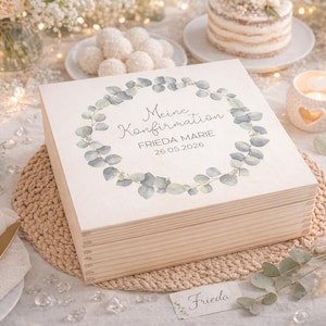 Erinnerungskiste aus Holz Eukalyptus - Konfirmation, Kommunion oder Taufe - personalisierte Holzkiste Kommunion, Holzkiste Konfirmation
