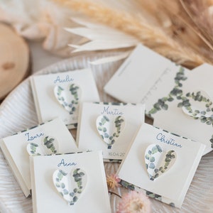 Gastgeschenke zur Hochzeit mit Blumensamen, Tischkärtchen zum Beschriften, Platzkarten Eukalyptus, Geschenk Hochzeitsgäste, Tischdeko