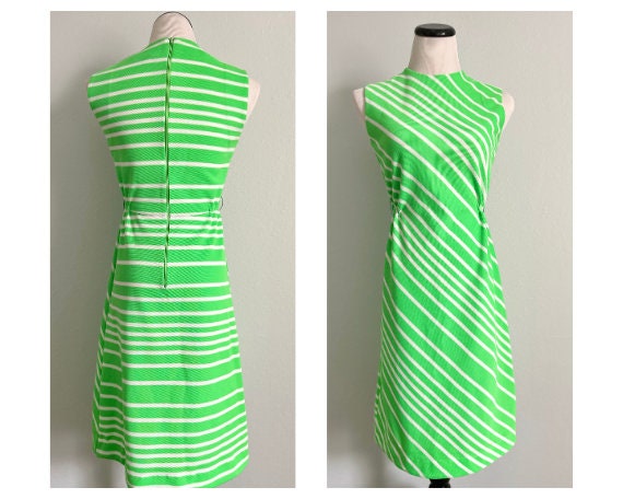 1960s Preppy Mod Stripe Dress/Lime Green & White/… - image 1