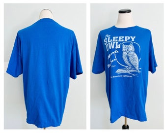 Vintage "Sleepy Owl" T Shirt/Vivid Blue/Nice and Thin/Cozy and Comfy/Owl Lover/Vegan/San Francisco