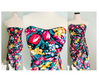 Vtg 1980s Party Dress/Tulips/Bright Loud Colorful and Fun/Sweetheart Neckline/Faux Wrap Skirt Detail w Hip Ties