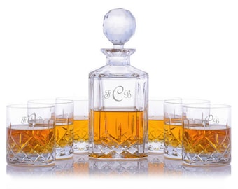 Personalized Engraved Cut Crystal Whiskey Decanter 7 Piece Gift Set By Crystalize-Free Shipping