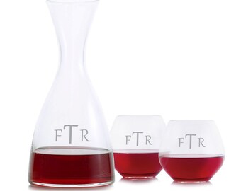 Ensemble de carafes à vin personnalisées - Verres sans pied, cristal au plomb gravé
