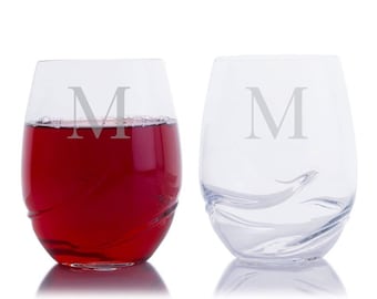 Ensemble de verres à vin rouge sans pied personnalisés - Monogramme gravé, cadeau 2 pièces